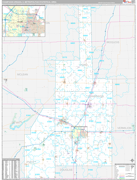 Champaign-Urbana Metro Area Wall Map Premium Style